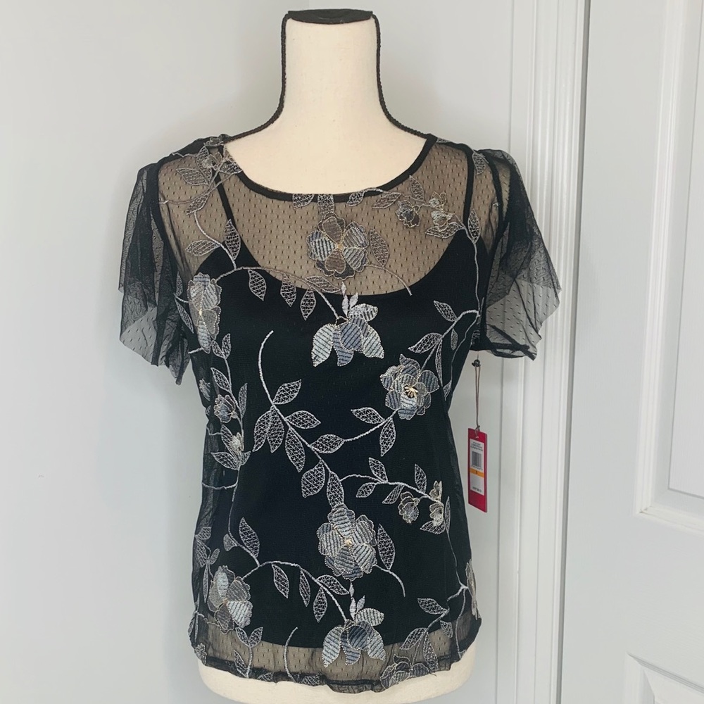 Vince Camuto Embroidered Swiss Dot Blouse